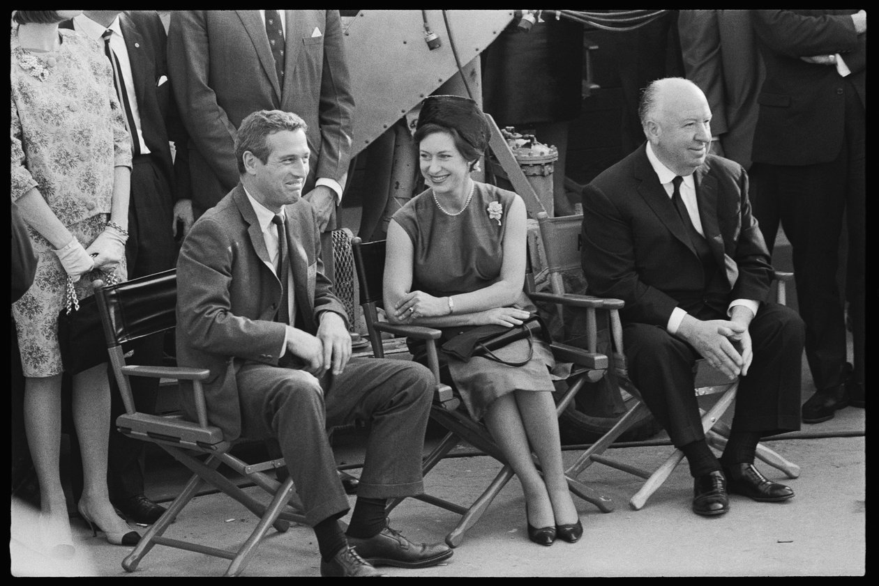 Paul Newman, Princesa Margarita y Alfred Hitchcock en el set de 
