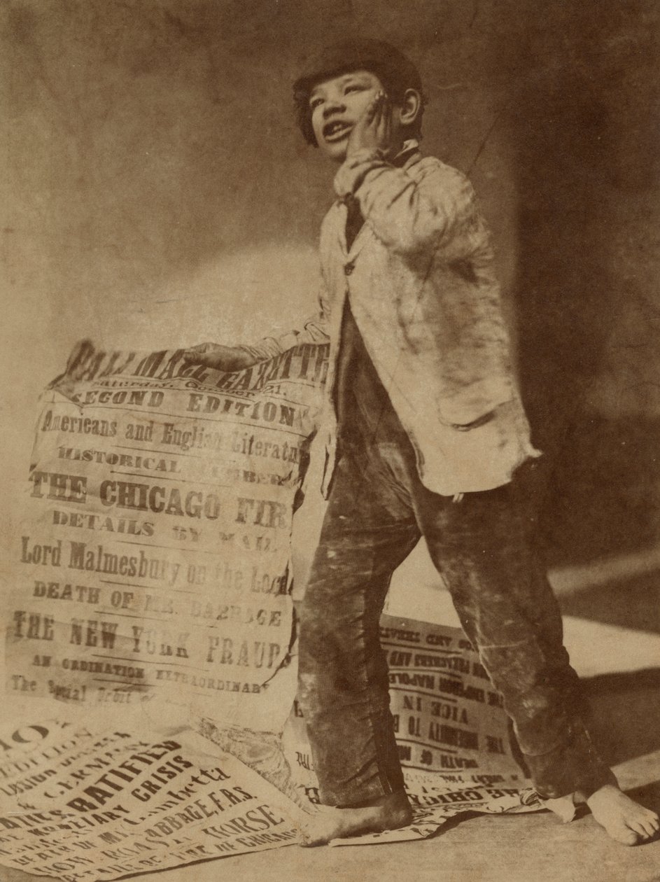 Imagen posada de un vendedor de periódicos anunciando las noticias del incendio de Chicago de 1871, 1871 de Oscar Gustav Rejlander