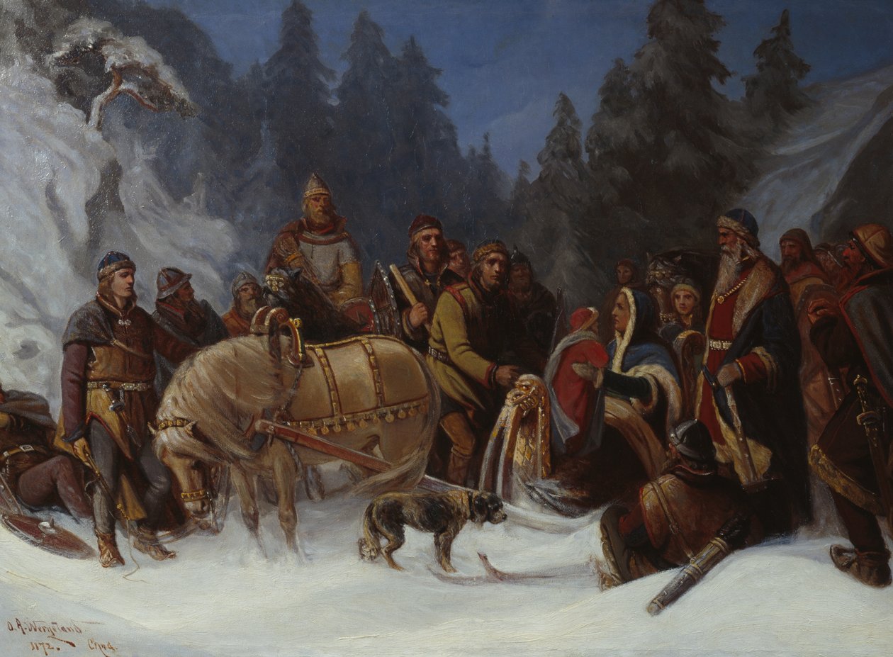 Inga Kongemor confía a su hijo Håkon Håkonsson al jefe de Birkebeiner Dagfinn Bonde de Oscar Arnold Wergeland