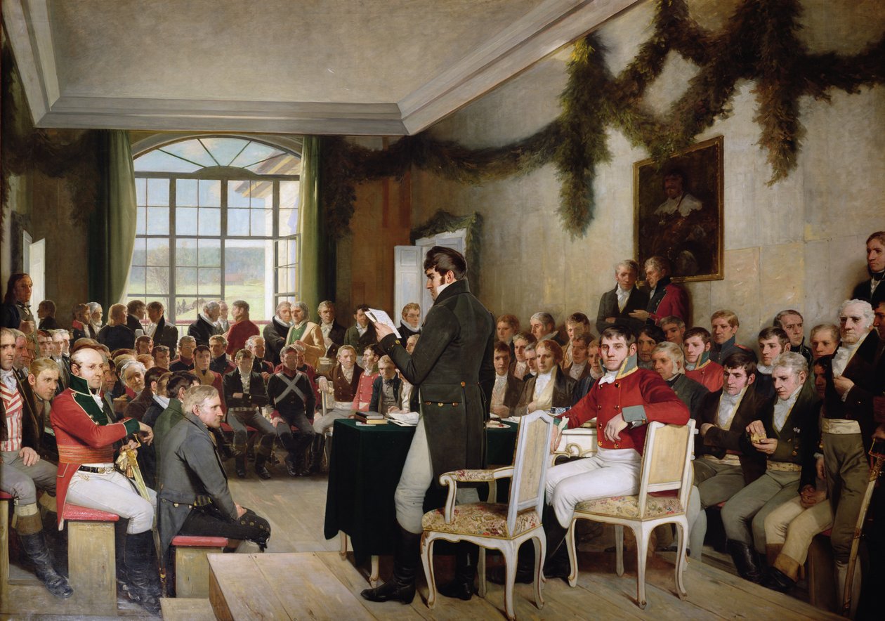 La Asamblea Nacional en Eidsvoll aprueba la Constitución noruega en 1814 de Oscar Arnold Wergeland
