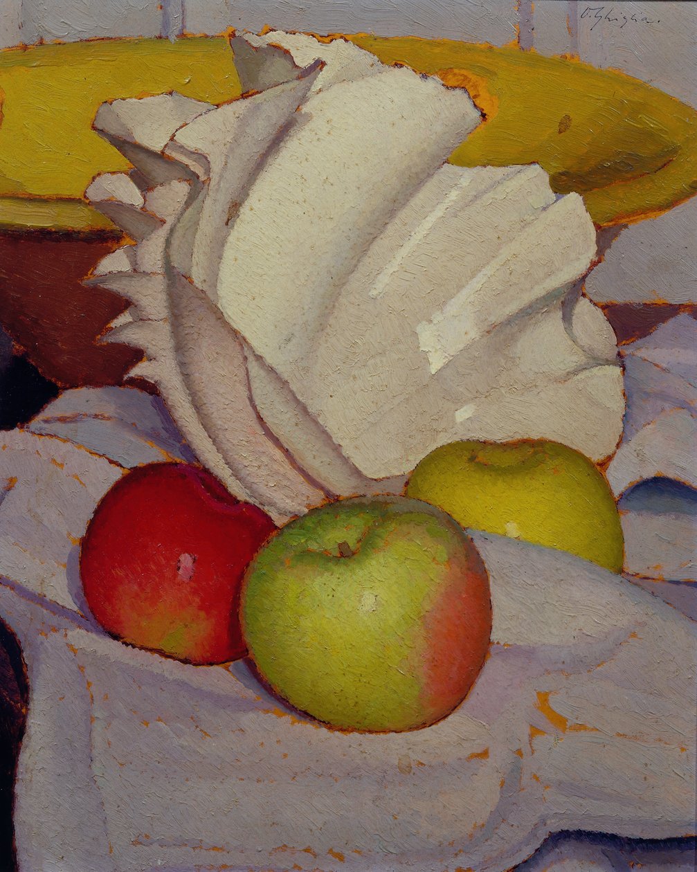 Composición con concha y tres manzanas (óleo sobre cartón) de Oscar Ghiglia