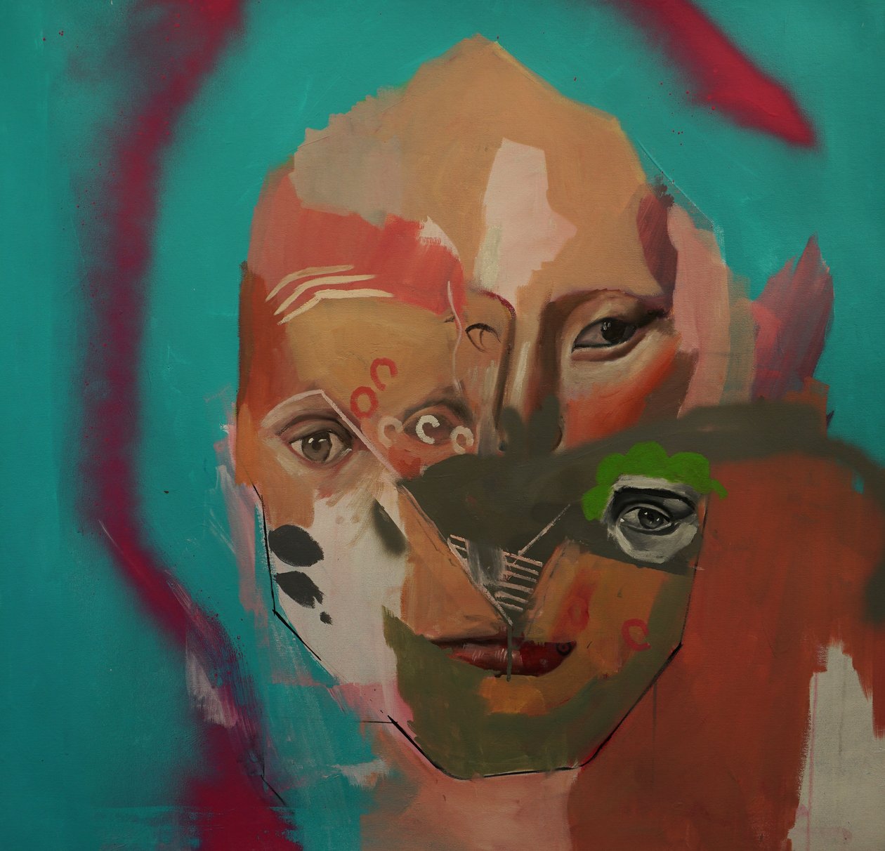 Un intento infructuoso de pintar un retrato, 2020-23 (acrílico, óleo y pintura en aerosol sobre lienzo) de Oscar Nin