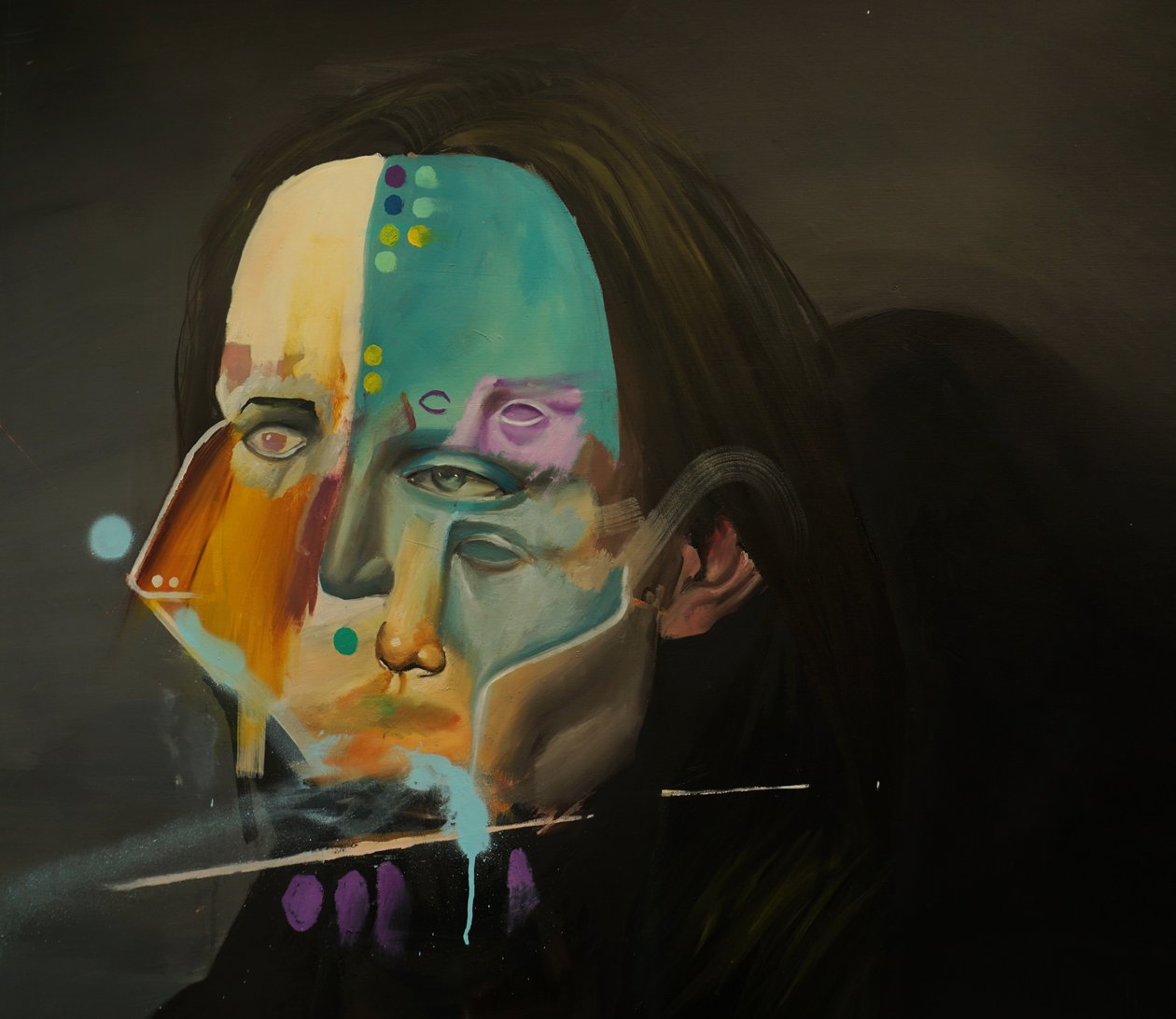 Retrato de una noche lila, 2021-23 (óleo y pintura en aerosol sobre lino) de Oscar Nin