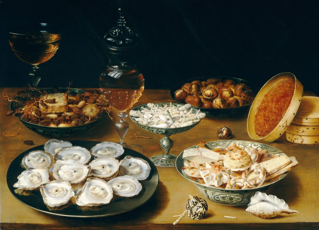 Platos con ostras, frutas y vino de Osias Beeret