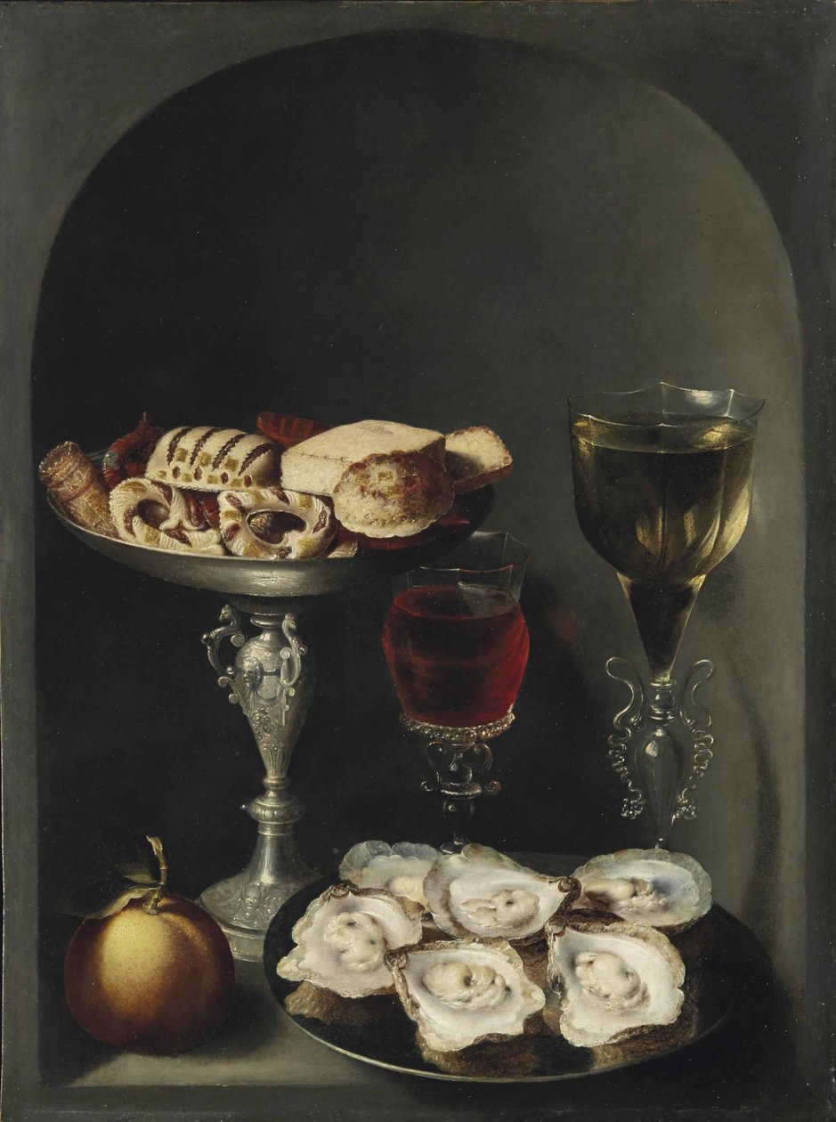 Ostras en un plato de peltre, dulces y galletas en una taza de plata, dos copas de vino façon-de-venise y una naranja en un nicho de Osias the Elder Beert