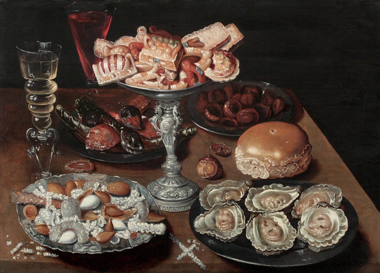 Almendras, Ostras, Dulces, Castañas y Vino en una Mesa de Madera, c.1605-30 de Osias the Elder Beert