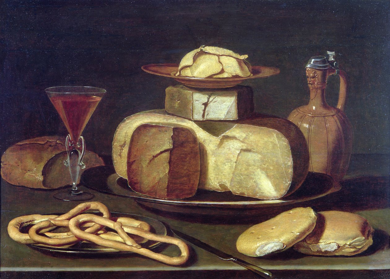 Naturaleza muerta con pan, queso, vino y pretzels de Osias the Elder Beert