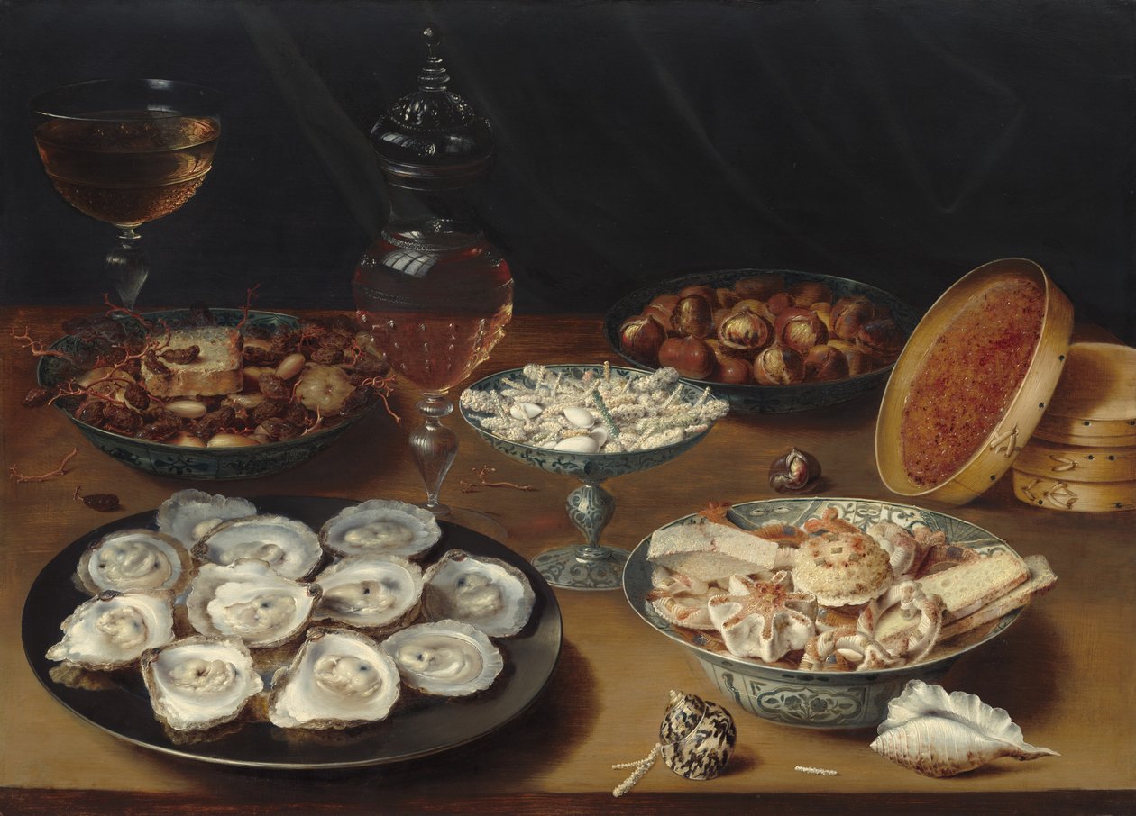 Platos con ostras, frutas y vino, c. 1620-1625 de Osias Beert the Elder