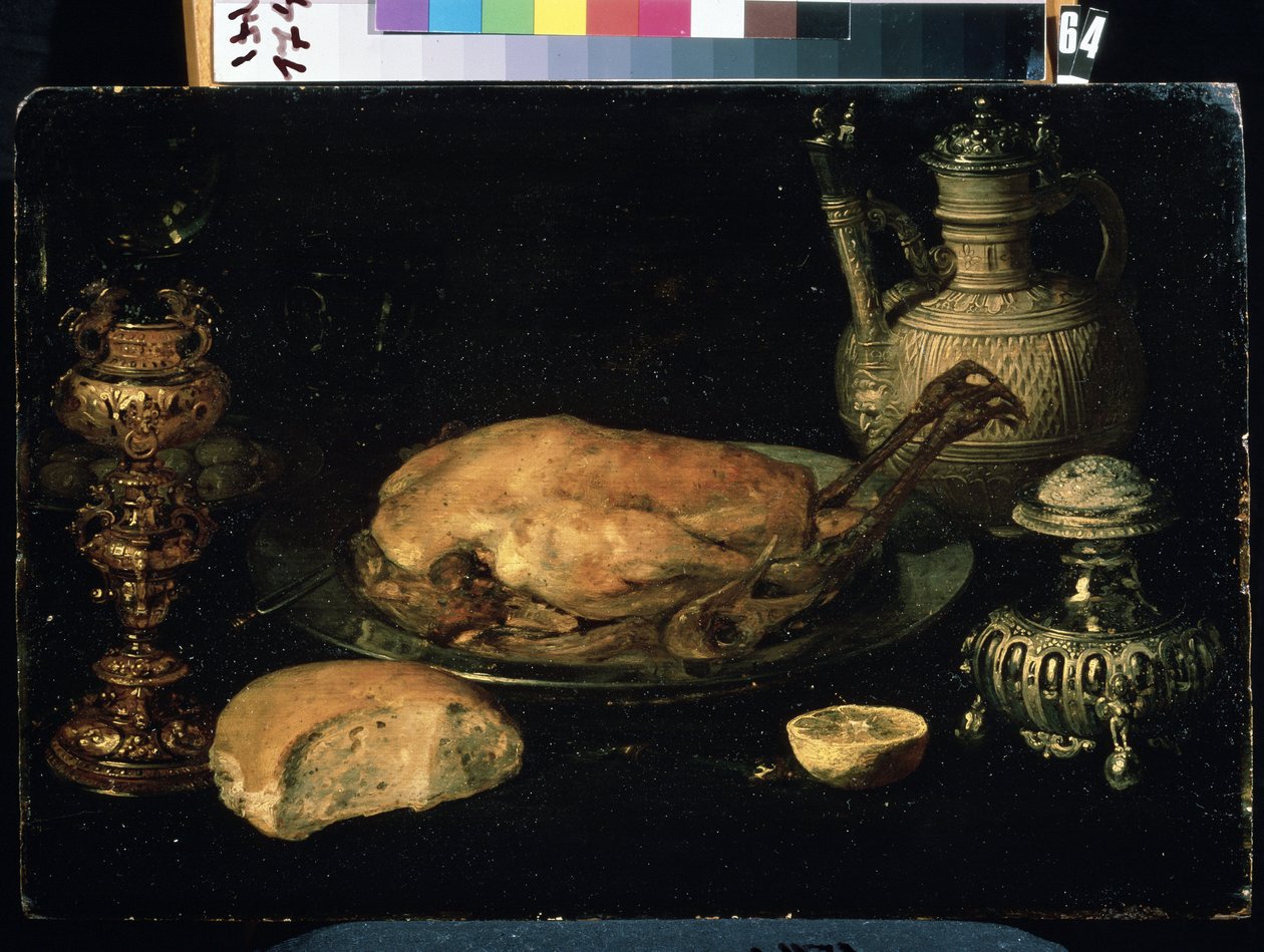 ""Bodegón de pollo, limón, pan, cubiertos y lámpara de aceite"" (Bodegón) Pintura de Osias Beert el Viejo (1580-1624) Museo de Arte Mikhail Kroshitsky del siglo XVII, Sebastopol (Sebastopol) Ucrania de Osias the Elder Beert