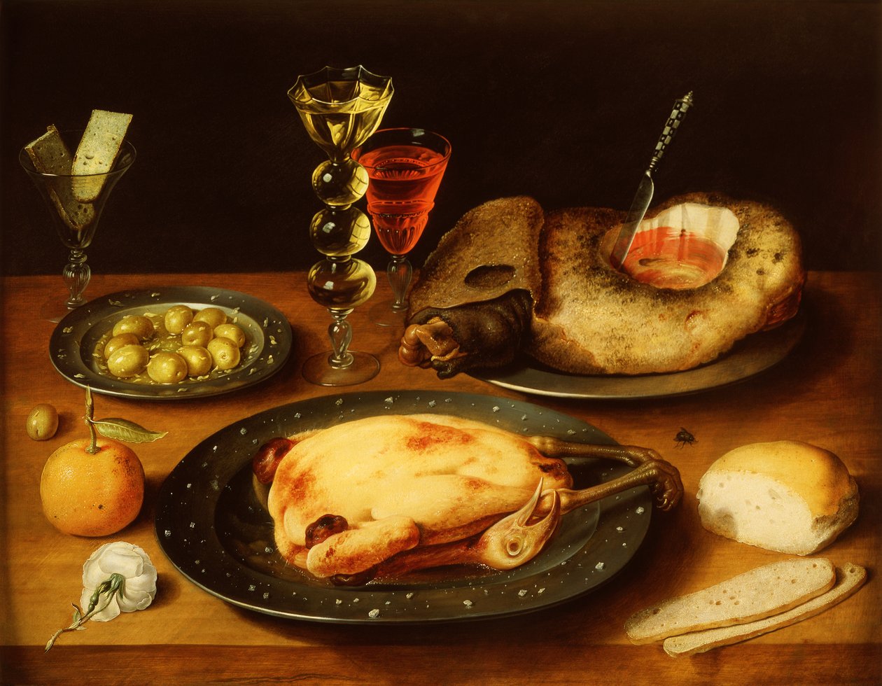 Pollo Asado, Jamón y Aceitunas en un Plato de Peltre de Osias the Elder Beert