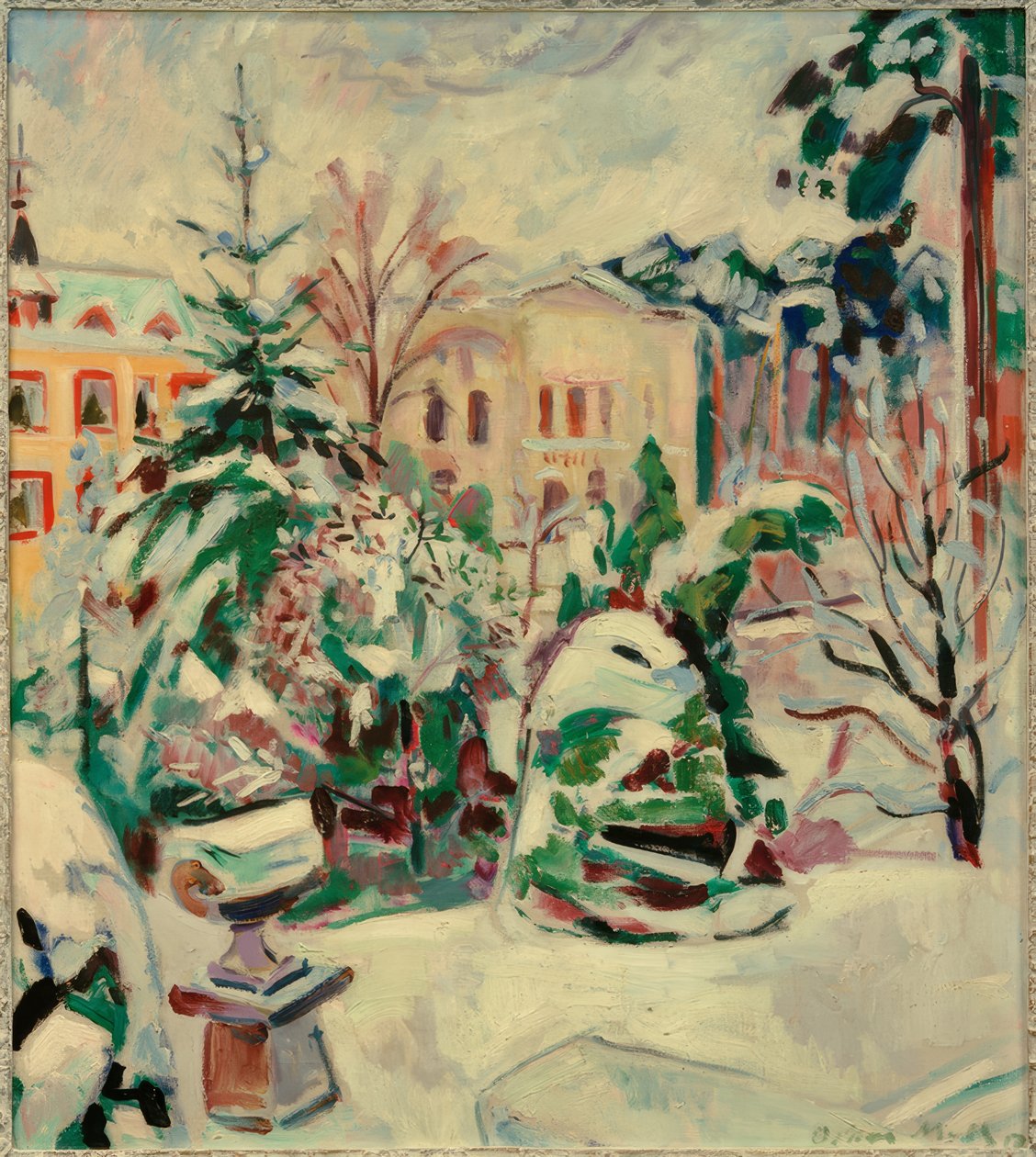 Parque nevado con casas de Oskar Moll