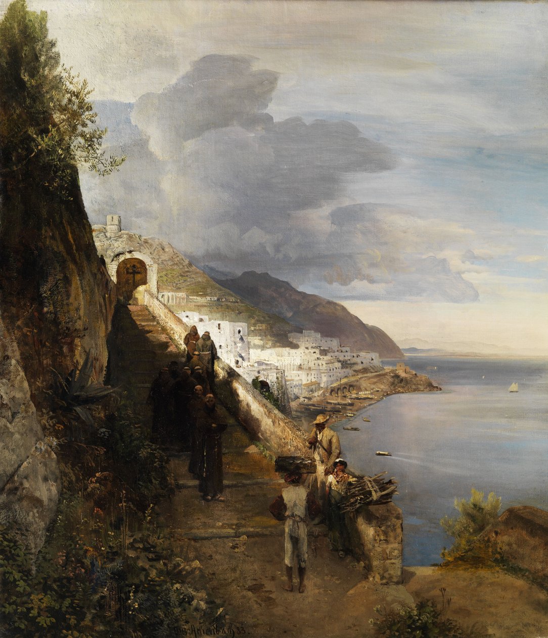 La costa de Amalfi con la escalera al monasterio de los capuchinos de Oswald Achenbach