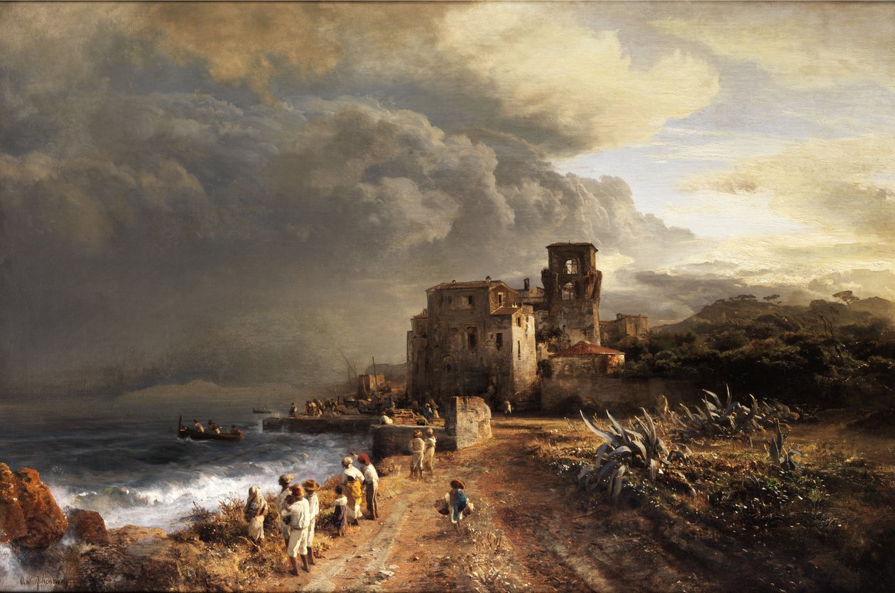 Paisaje sombreado en el mar con figuras de Oswald Achenbach