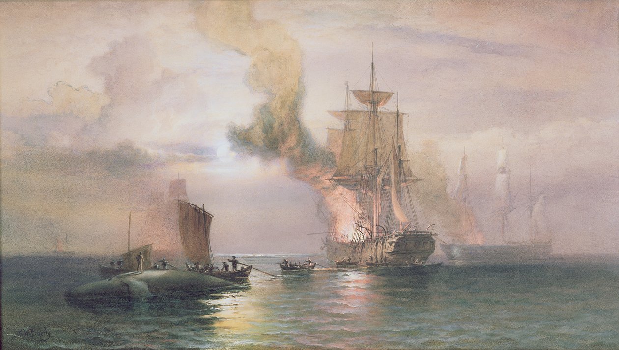 Balleneros del Mar del Sur hirviendo grasa, con ballena al lado, c.1875-85 de Oswald Walters Brierly