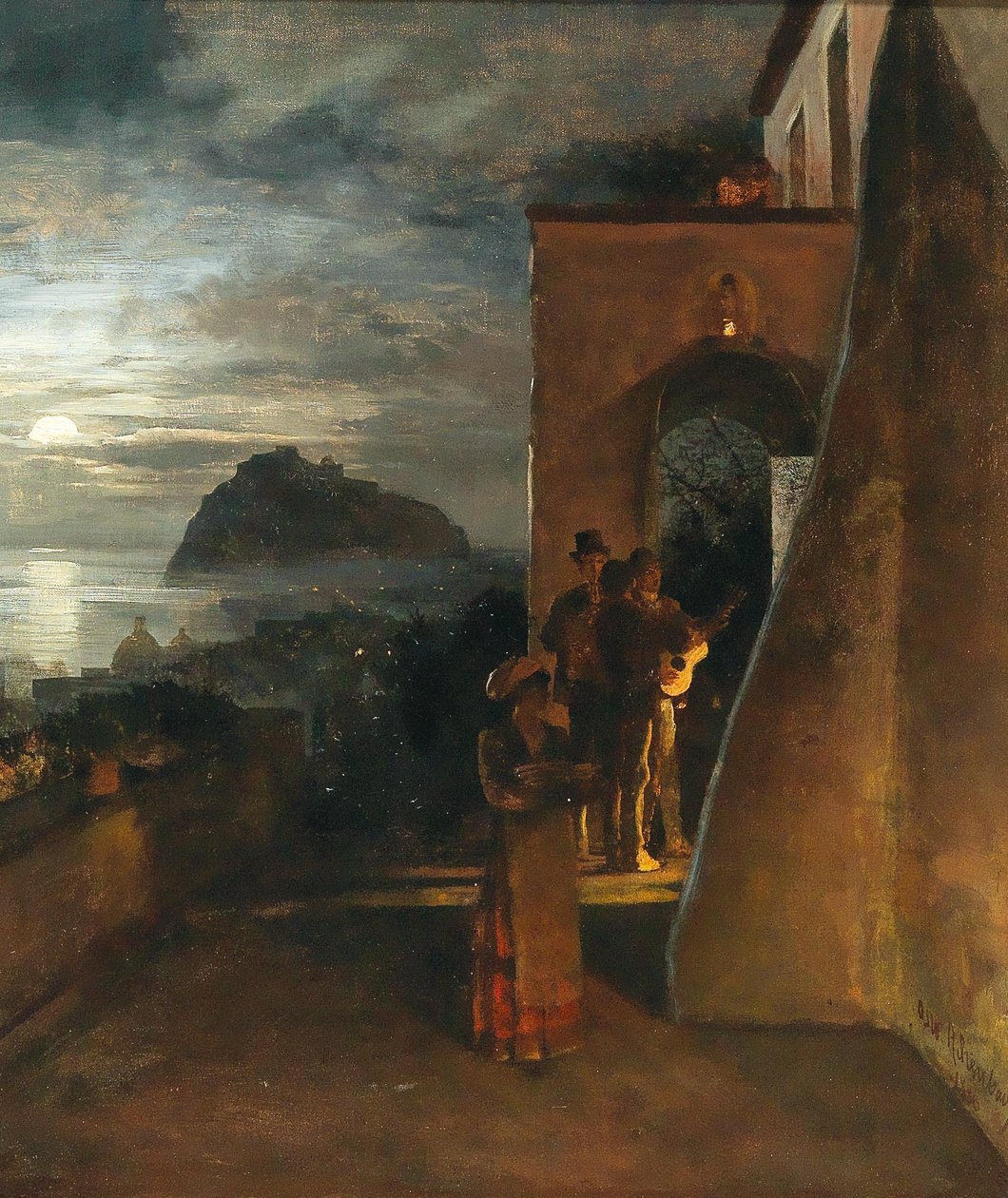 Serenata vespertina en Ischia, Castello Aragonese al fondo de Oswald Achenbach