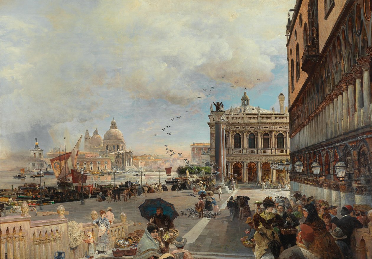 Venecia, vista de la Piazzetta, con la Biblioteca Marciana, Santa Maria della Salute y la Dogana de Oswald Achenbach