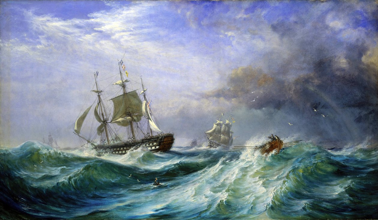 Un hombre en el mar, lanzando ayuda desde el HMS "Saint Jean D