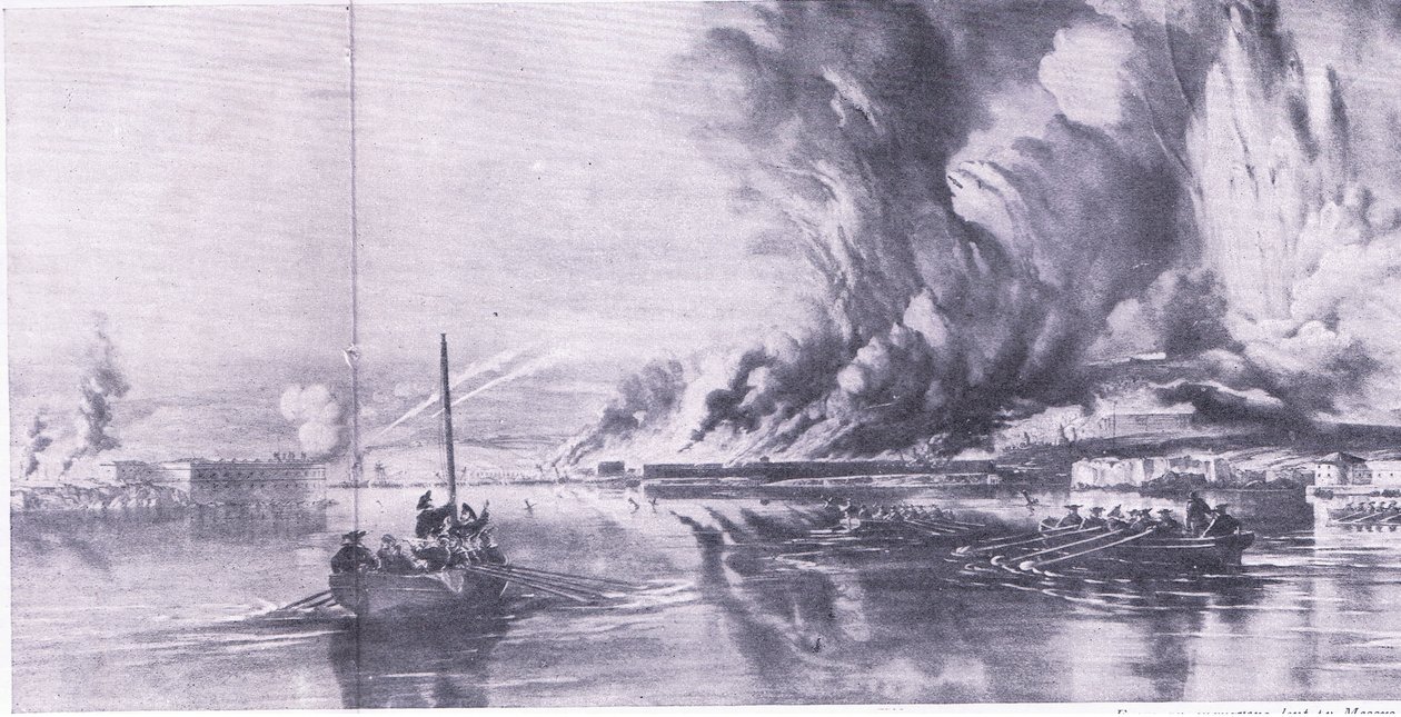 La caída de Sebastopol y la retirada de los rusos, 8 de septiembre de 1855, ilustración de British Battles on Land and Sea, 1915 de Oswald Walters Brierly
