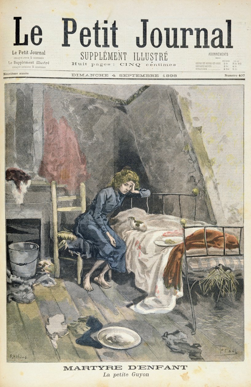 Página de título que representa el martirio de los niños, el pequeño Guyon, ilustración del suplemento ilustrado de Le Petit Journal, 4 de septiembre de 1898 de Oswaldo Tofani
