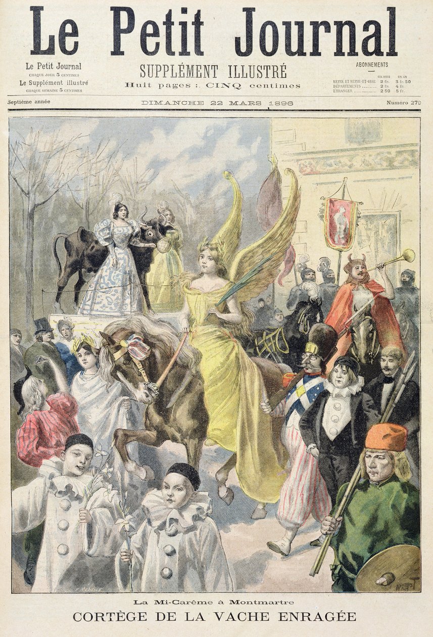 Página de título que representa la procesión de la vaca loca, mitad de Cuaresma en Montmartre, ilustración del suplemento ilustrado de Le Petit Journal, 22 de marzo de 1896 de Oswaldo Tofani