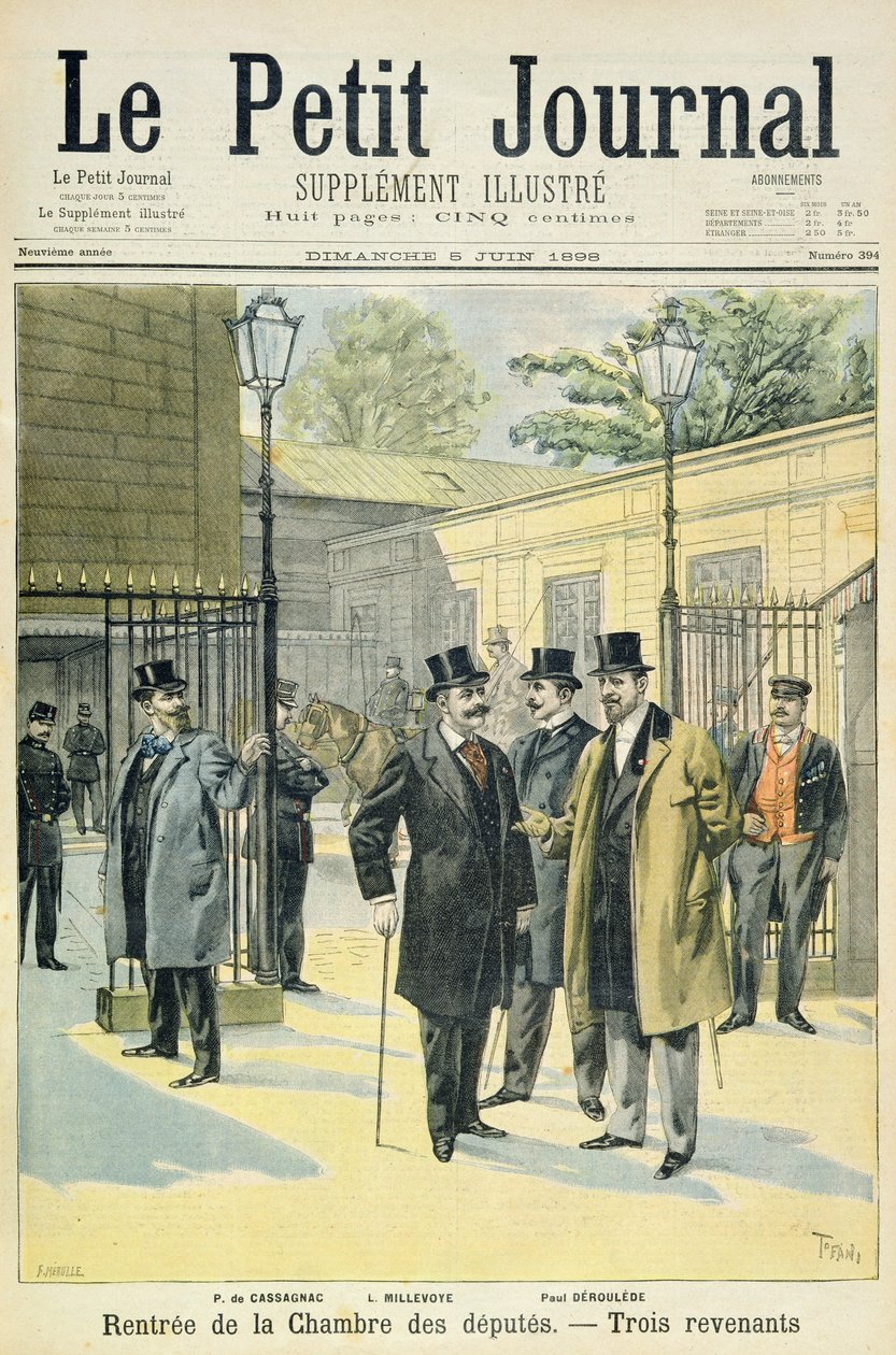 Portada que representa la reapertura de la Cámara de Diputados con Paul Granier de Cassagnac, Lucien Millevoye y Paul Deroulede, ilustración del suplemento ilustrado de Le Petit Journal de Oswaldo Tofani