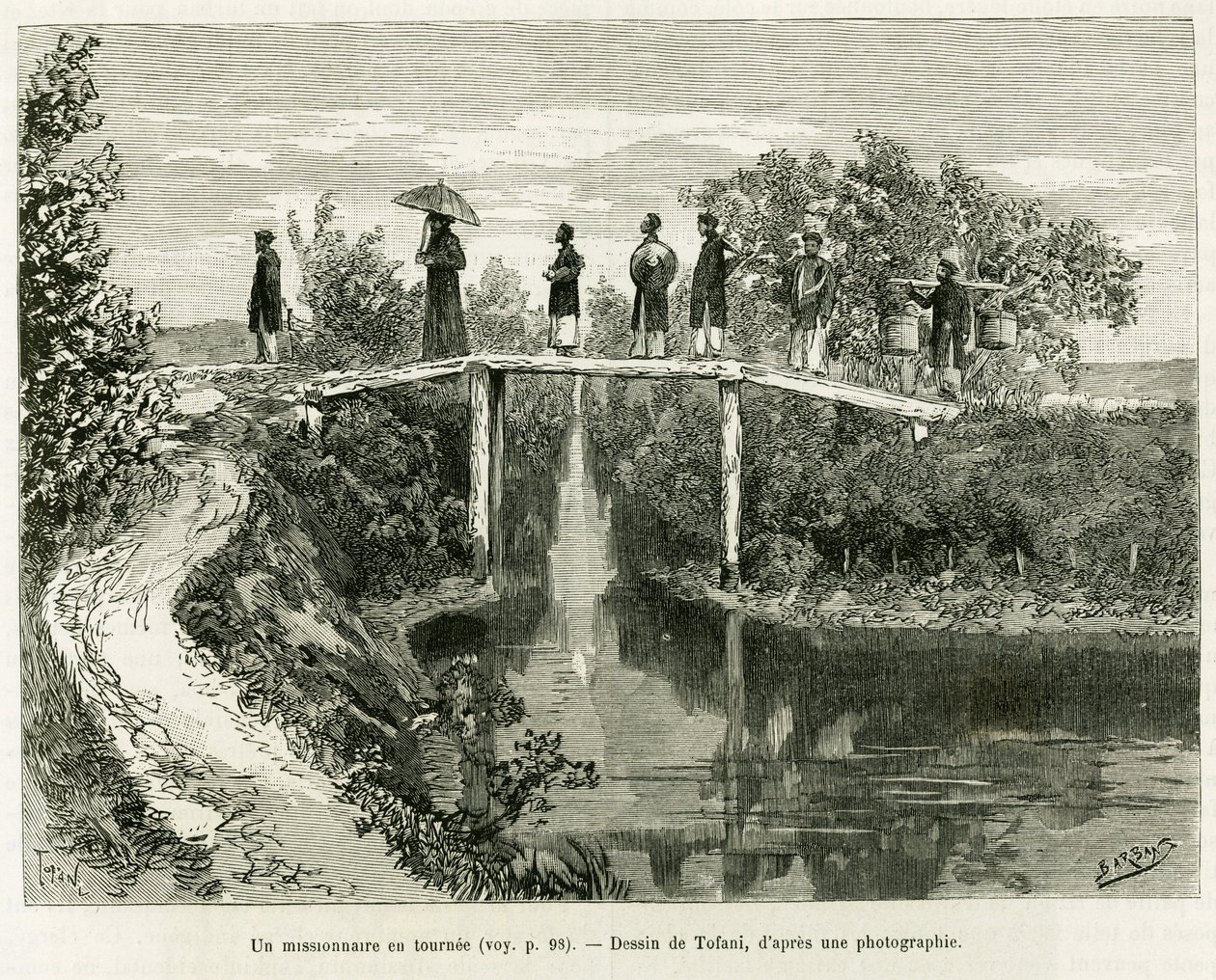 Un misionero en turno. Grabado por Tofani, para ilustrar la historia Treinta meses en Tonkín, en 1884, por el Doctor Paul Hocquard, en le tour du monde 1890, bajo la dirección de Edouard Charton (1807-1890), Hachette, París. de Oswaldo Tofani