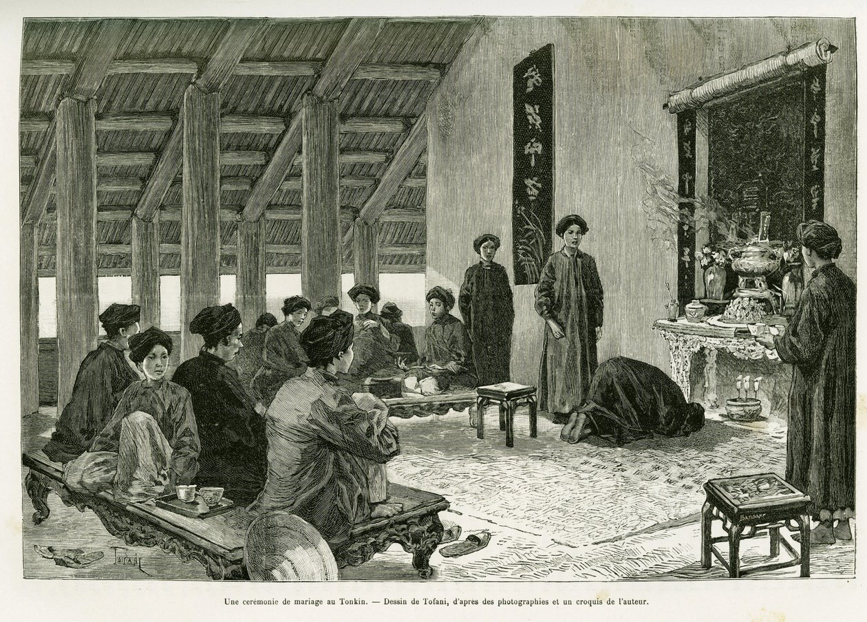 Una ceremonia de boda en Tonkín. Grabado por Tofani, para ilustrar la historia Treinta meses en Tonkín, en 1884, por el Dr. Paul Hocquard, en le tour du monde 1890, bajo la dirección de Edouard Charton (1807-1890), Hachette, París. de Oswaldo Tofani
