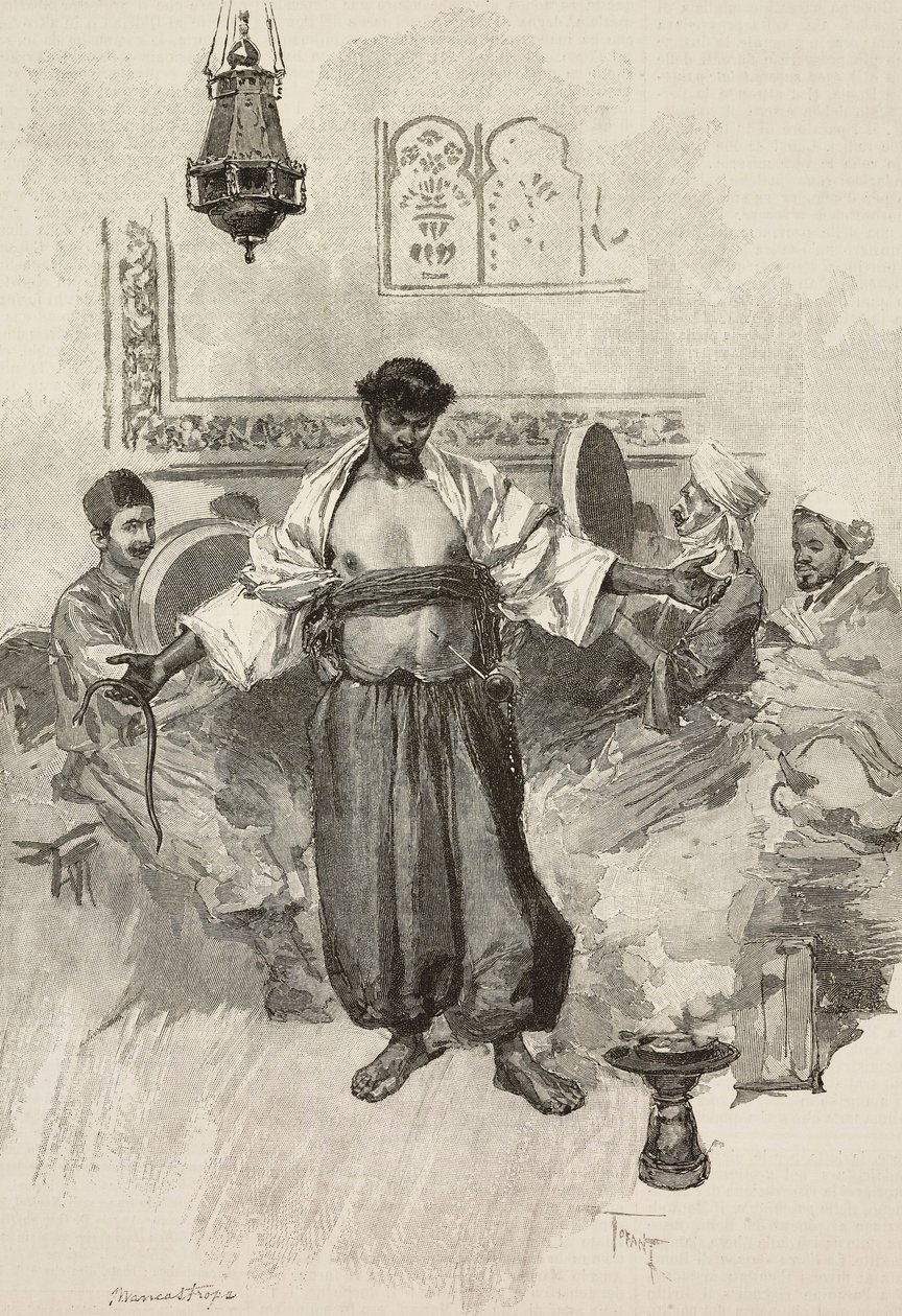Danza Aissawa, hermandad religiosa marroquí, en la Exposición Universal de 1889, París, Francia, grabado por E Mancastroppa a partir de un dibujo de Osvaldo Tofani de L