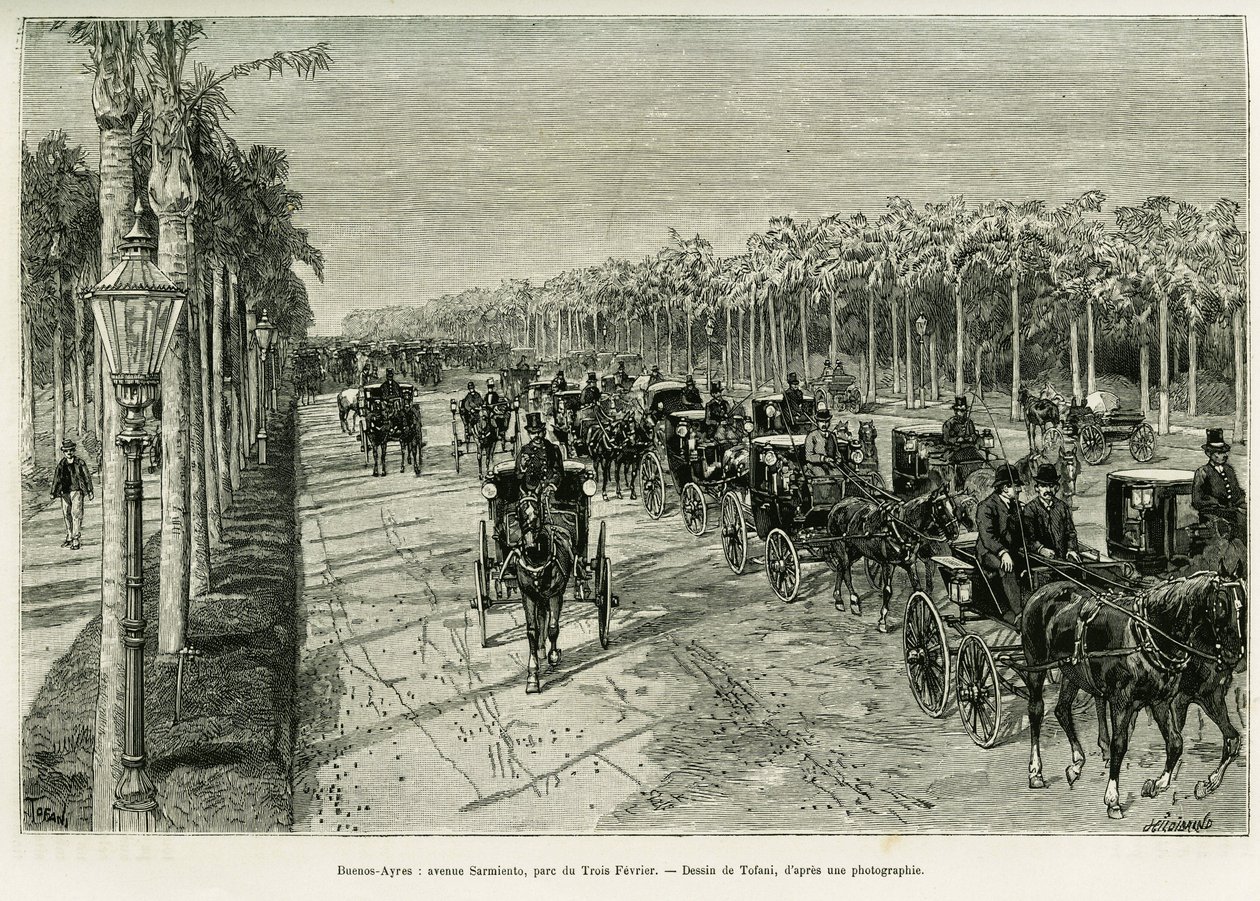Buenos Aires, Avenida Sarmiento, Parque Tres de Febrero. Grabado por Tofani, para ilustrar la historia Viaje a la Plata, en 1886, por Emile Daireaux, en le tour du monde 1888, dirigido por Edouard Charton (1807-1890), Hachette, París. de Oswaldo Tofani