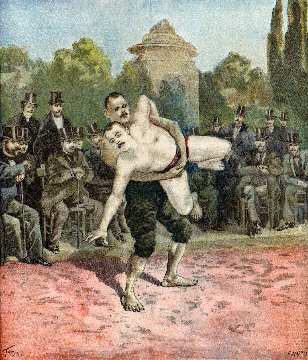 Demostración de los luchadores Pierri y Usouf Ismaillolo,1895 (Ilustración) de Oswaldo Tofani