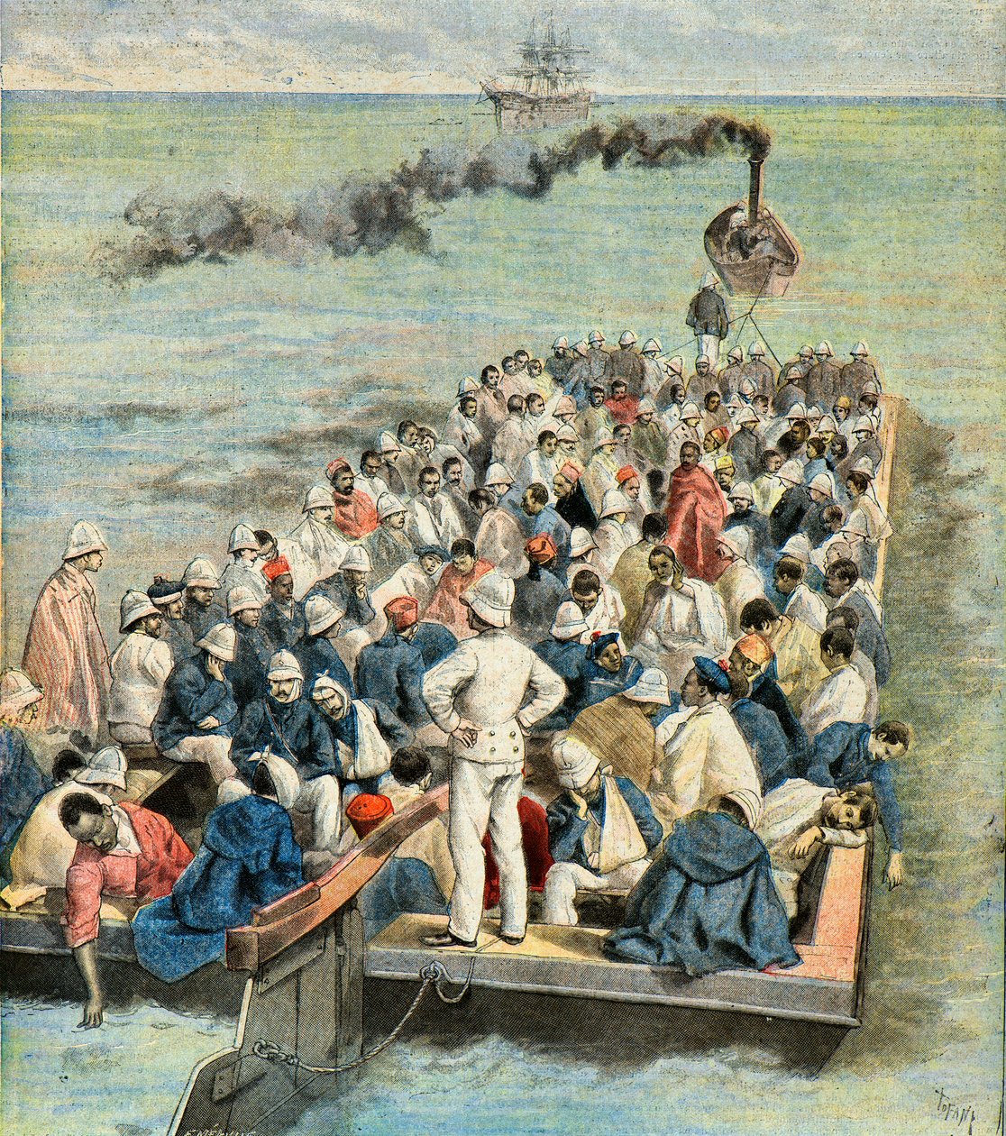 Embarque en el buque hospital de los heridos de la expedición de madagascar en 1896 (Grabado) de Oswaldo Tofani