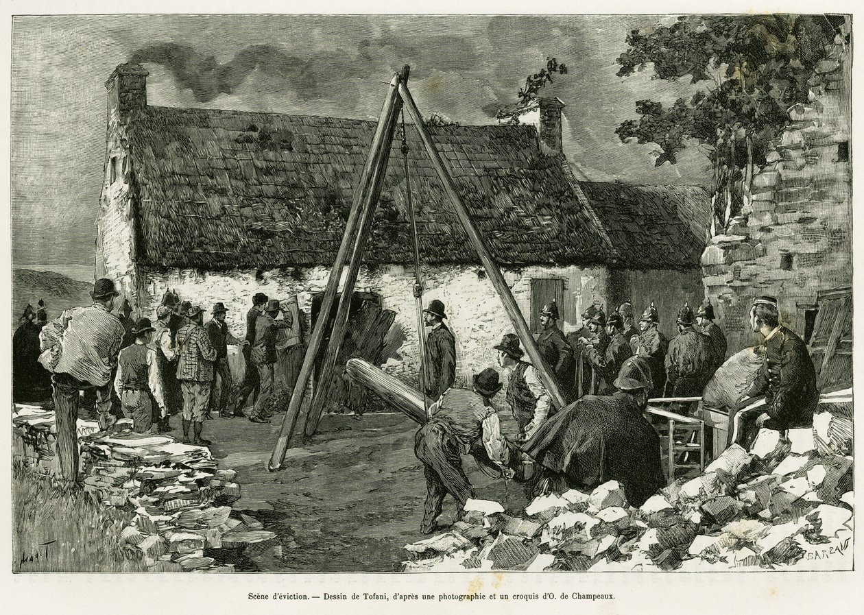 Escena de desalojo. Grabado por Tofani, para ilustrar la historia Tres meses en Irlanda, en 1889, por Marie Anne de Bovet, en le tour du monde 1890, dirigido por Edouard Charton (1807-1890), Hachette, París. de Oswaldo Tofani