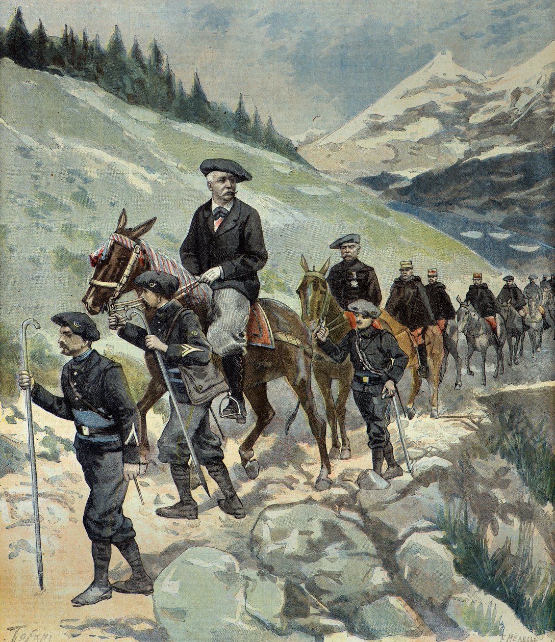 Félix Faure con cazadores alpinos en un viaje a los Alpes en 1897 (Grabado) de Oswaldo Tofani