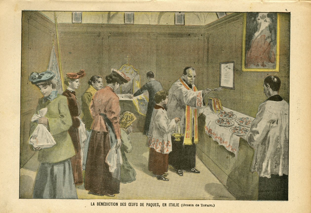Ilustración de Oswaldo Tofani (1849-1915) en Le Pelerin, 03/04/04 - La bendición de los huevos de Pascua en Italia - Italia, Religión Fe, Pascua, Catolicismo Católico - Huevo de Oswaldo Tofani