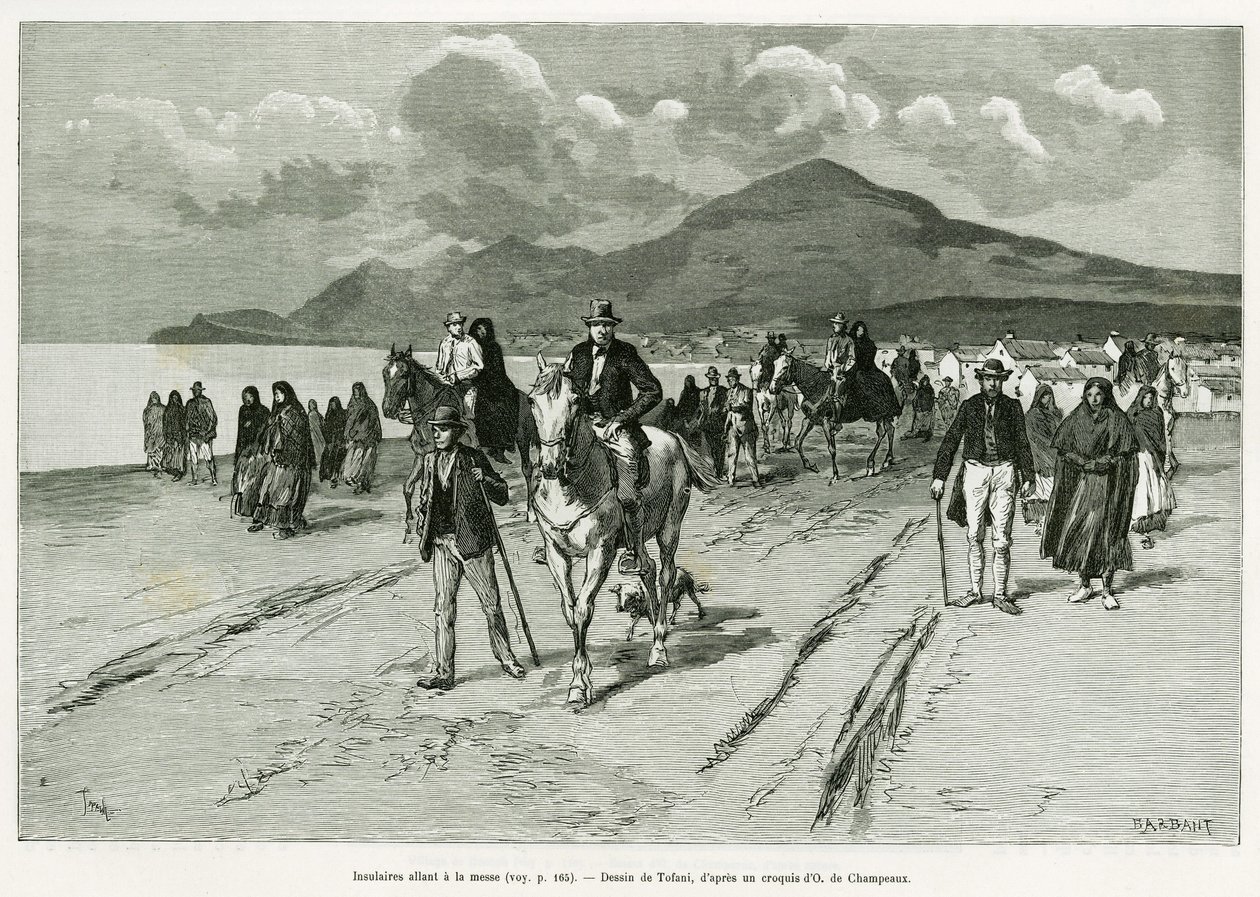 Isleños yendo a misa. Grabado de Tofani, para ilustrar la historia Tres meses en Irlanda, en 1889, de Marie Anne de Bovet, en Le Tour du Monde 1890, dirigido por Edouard Charton (1807-1890), Hachette, París. de Oswaldo Tofani