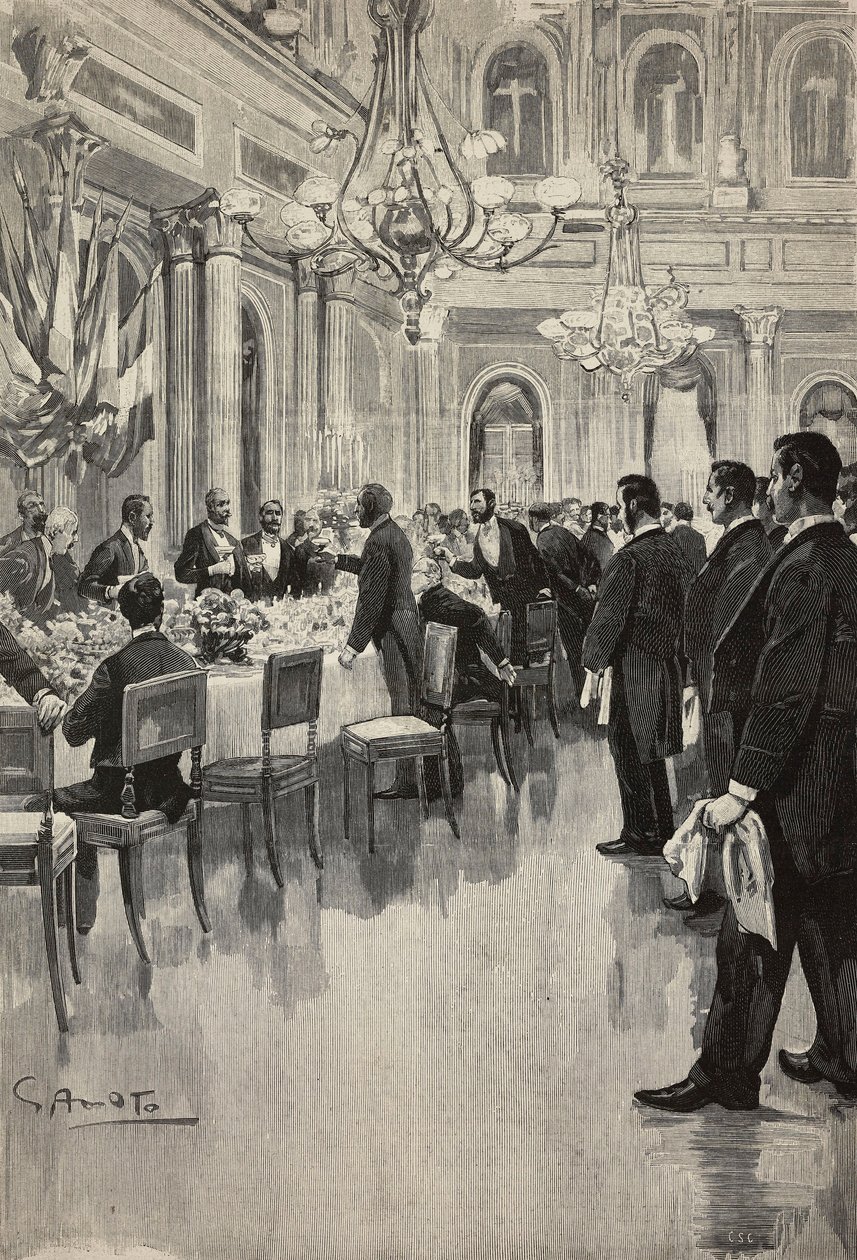 Diplomáticos italianos brindando juntos, París, Francia, grabado de un dibujo de Gennaro Amato, de un boceto de Osvaldo Tofani, de L