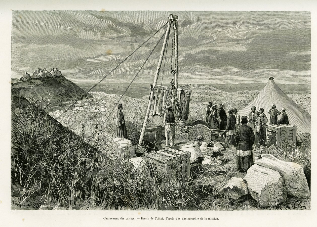 Cargando las cajas de excavaciones arqueológicas, Persia. Grabado de Tofani, para ilustrar la historia A Suse. de Oswaldo Tofani