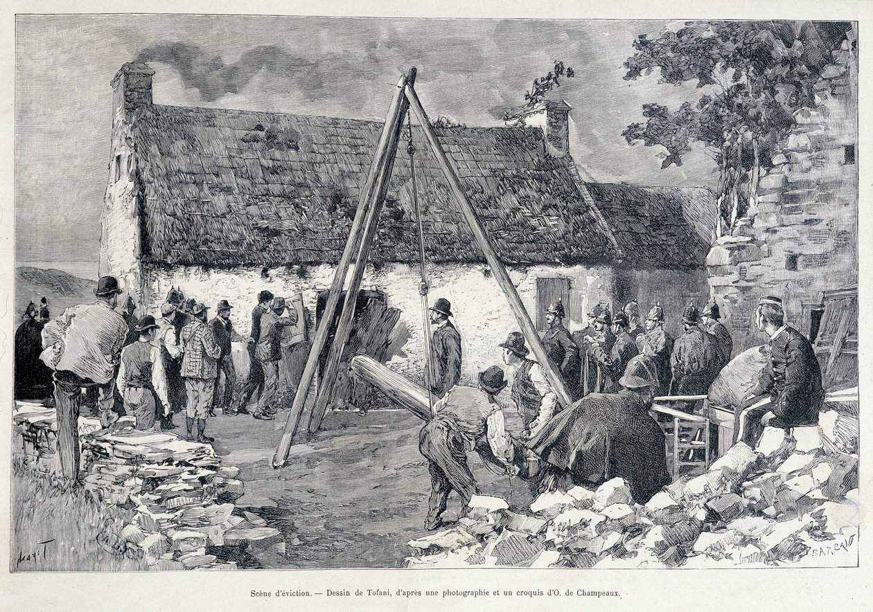Hombres corriendo a través de una puerta con la ayuda de un árbol de barriga para expulsar al ocupante de la vivienda. Dibujo de Tofani a partir de un boceto de O. de Champeaux (siglo XIX) de Oswaldo Tofani