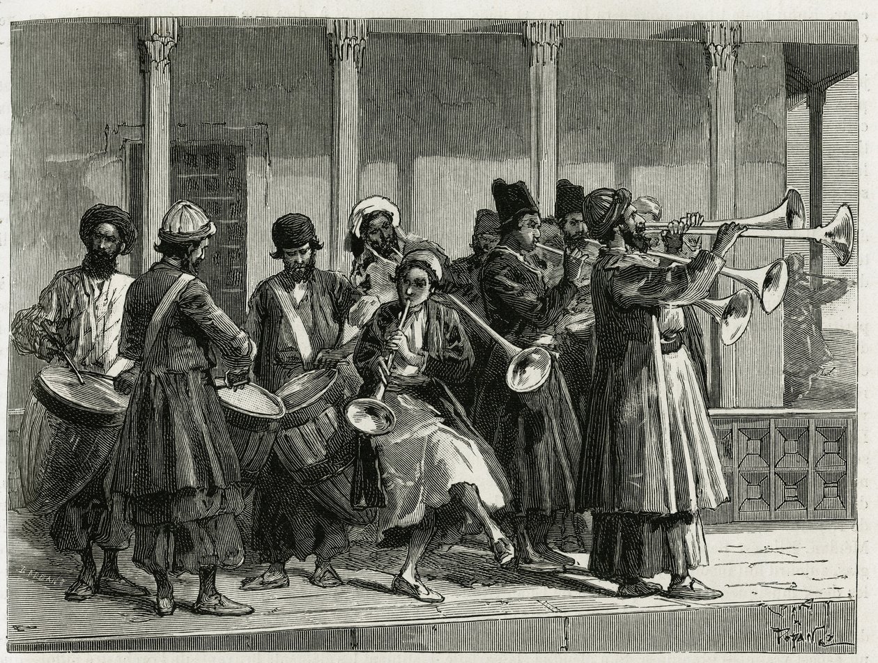 Músicos saludando el amanecer en Isfahan (o Isfahan, ciudad de Irán). Grabado por Tofani, para ilustrar la historia "Persia, Caldea y Susiana" de Oswaldo Tofani