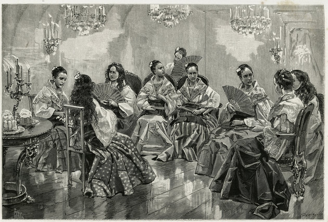 Feria comercial china de Narcisso, Daraga, Filipinas. Grabado por Tofani, para ilustrar la historia "Viaje a Filipinas" de Oswaldo Tofani