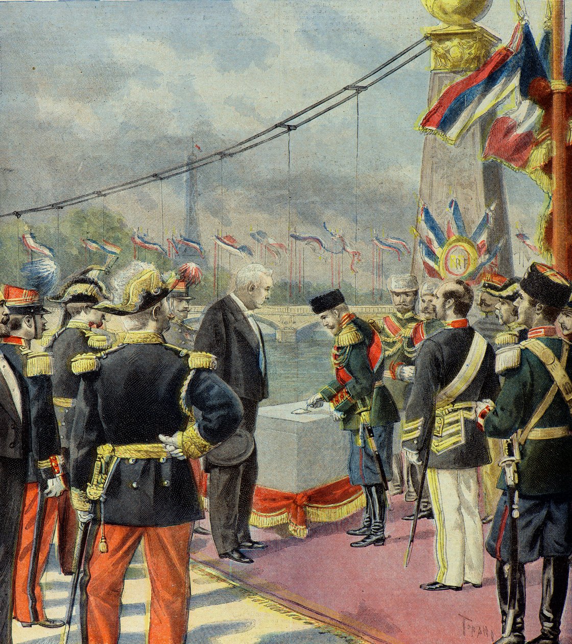 Nicolas 2 coloca la primera piedra del puente Alexandre 3, en presencia de Félix Faure, París 1896 (Grabado) de Oswaldo Tofani