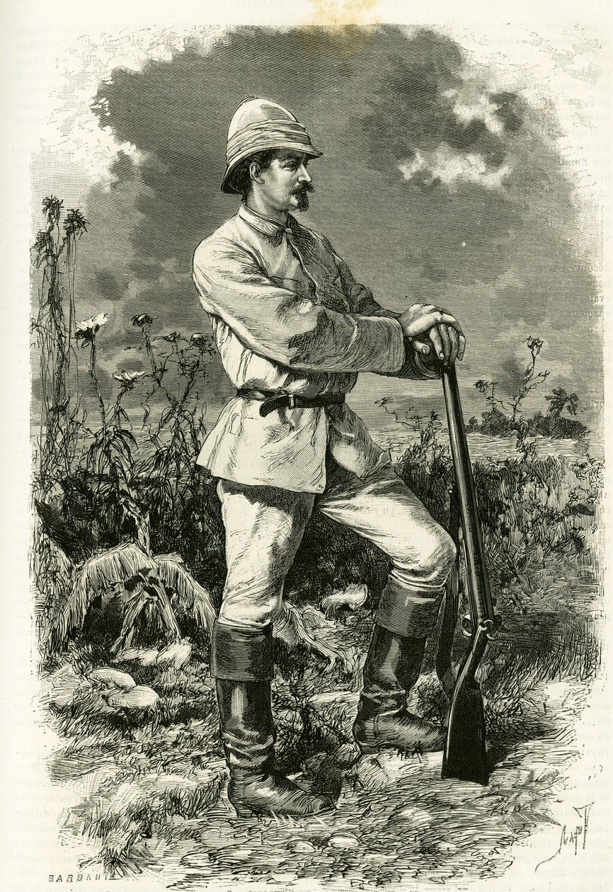 Retrato del Dr. Emile Holub, en traje de exploración, grabado por Tofani, ilustración de la historia “En el país de los Marutses”, en 1875-1879, por el Dr. Emile Holub (1847-1902). Publicado en el Tour du monde, 2º semestre 1883, editado por Edouard Charto de Oswaldo Tofani