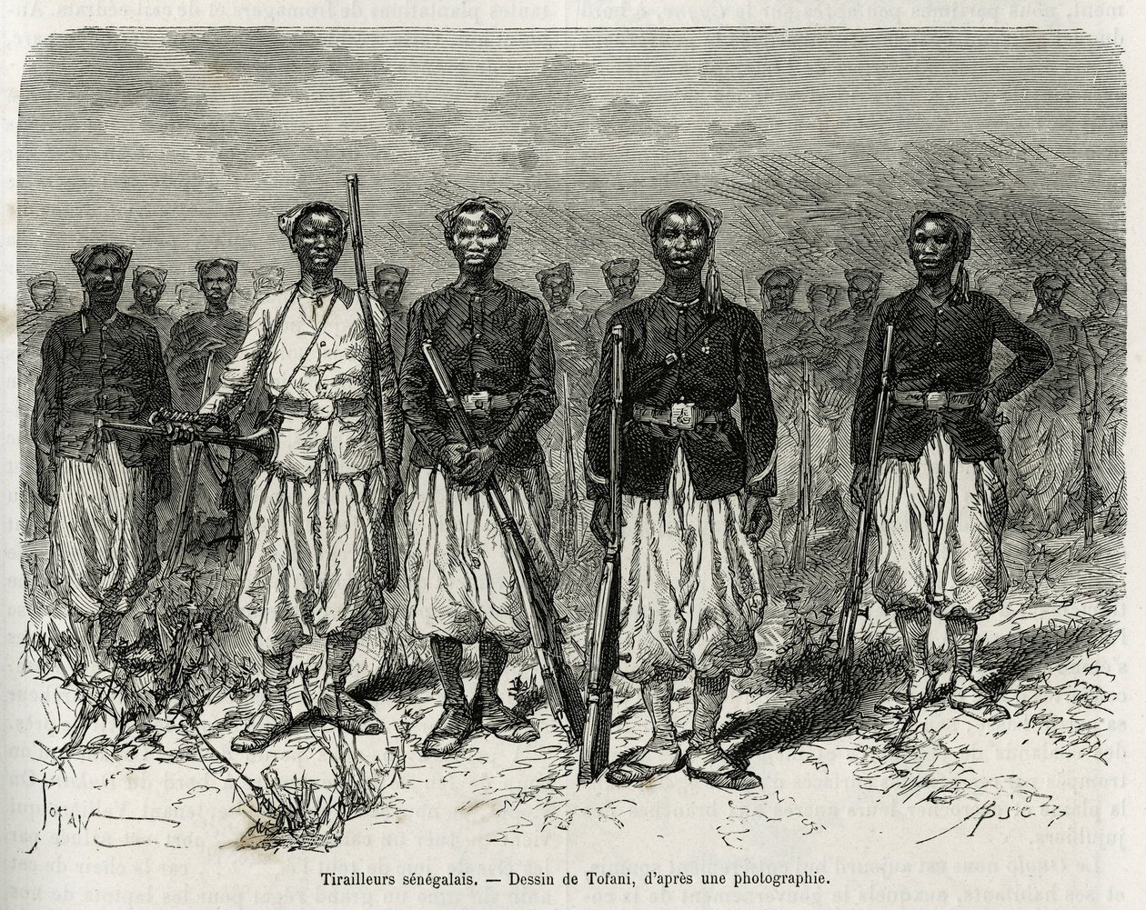 Jinetes senegaleses de la escolta de la expedición. Grabado por Tofani, ilustración de la historia de Exploración en Alto Níger, por el Comandante Gallieni, de la Infantería de Marina, en 1880-1881, publicado en el Tour du monde, bajo la dirección de Edoua de Oswaldo Tofani