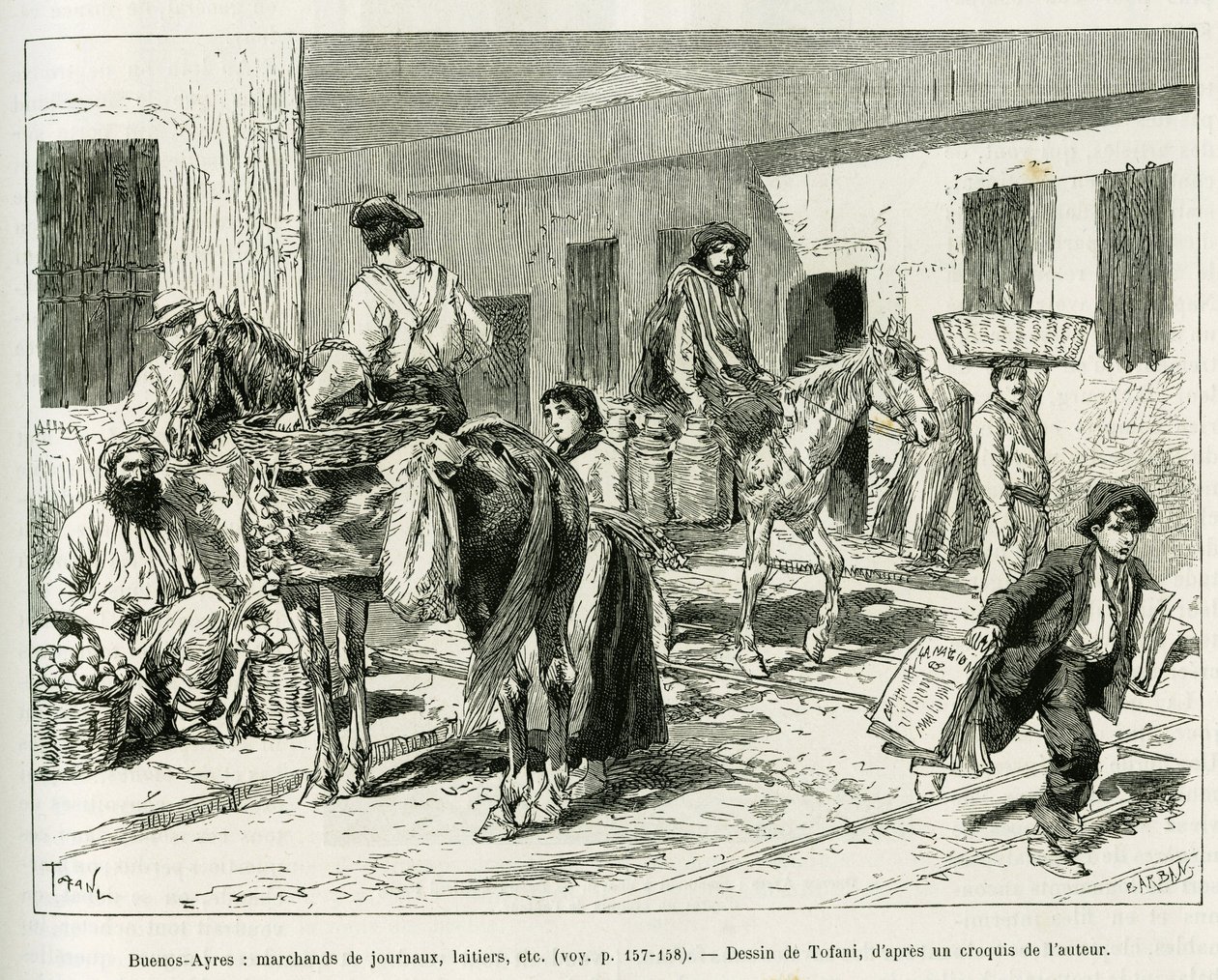 Pequeños negocios, vendedores de periódicos, lecherías, vendedores de frutas, etc... en las calles de Buenos Aires (Argentina). Grabado por Tofani para ilustrar la historia 