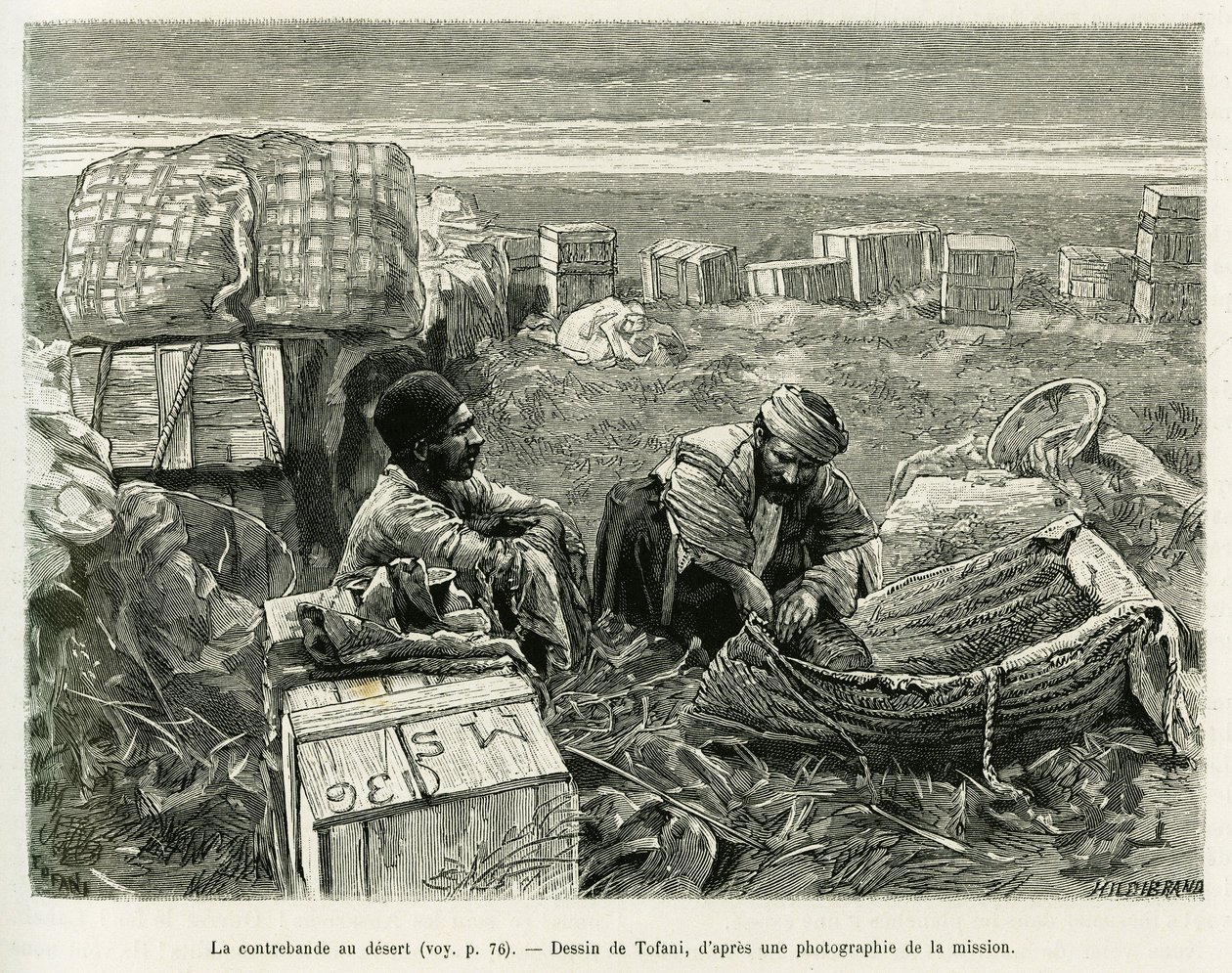 Contrabando de excavaciones arqueológicas en el desierto persa. Grabado por Tofani, para ilustrar la historia A Suse de Oswaldo Tofani
