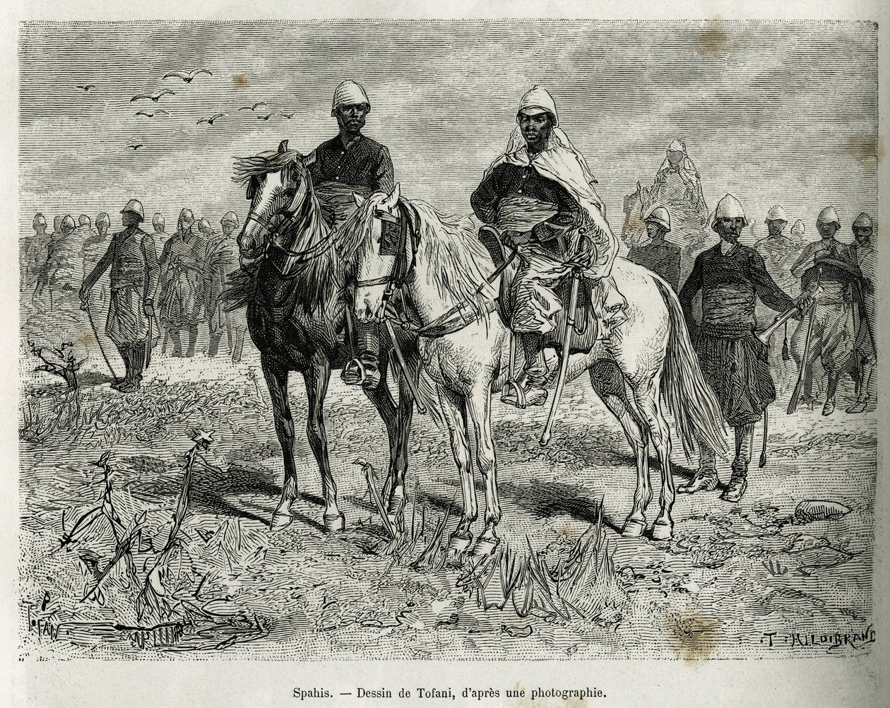 Los Spahis de la escolta de la expedición. Grabado por Tofani, para ilustrar la historia de Exploración en el Alto Níger, por el Comandante Gallieni, de la Infantería de Marina, en 1880-1881, publicado en Le tour du monde, bajo la dirección de Edouard Char de Oswaldo Tofani