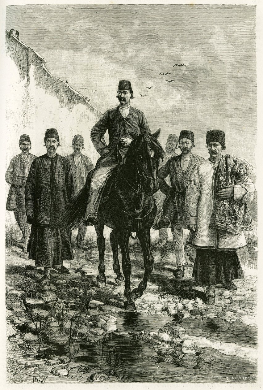 El gobernador de Kachan (o Kashan, en la provincia de Teherán, actual Irán) monta un caballo negro y su séquito va a pie. Grabado por Tofani, de una fotografía, para ilustrar la historia “Persia, Caldea y Susiana” en 1881-1882, por Jane Dieulafoy (nacida M de Oswaldo Tofani