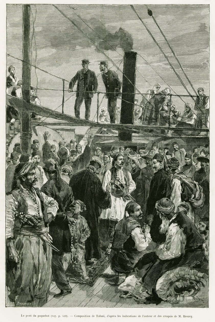 La cubierta del barco. Grabado por Tofani para ilustrar la historia Viaje en Tesalia en 1882, por Paul Monceaux, en le tour du monde 1887, dirigido por Edouard Charton (1807-1890), Hachette, París. de Oswaldo Tofani