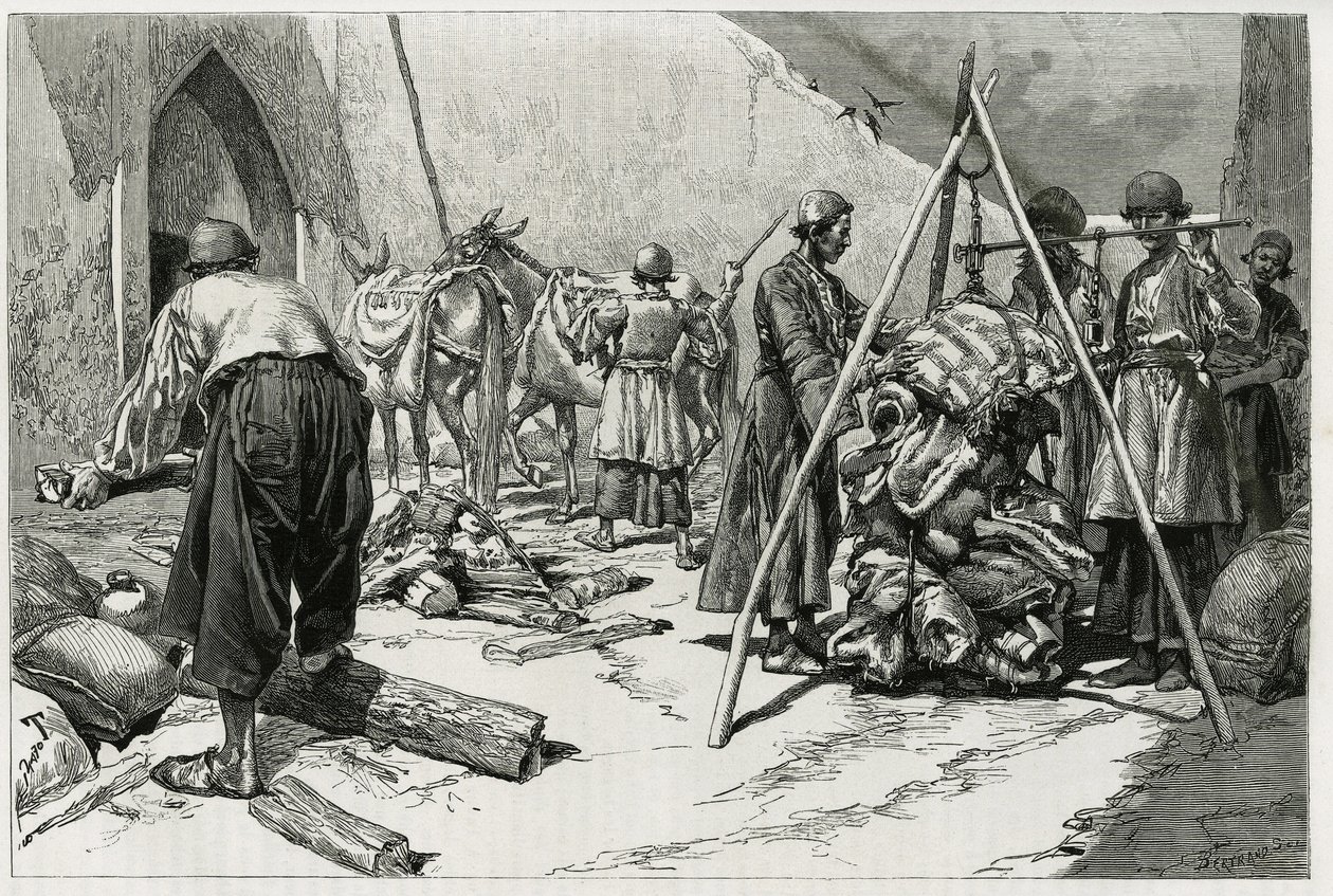 El pesaje del equipaje antes de la partida de la Expedición Nupcial Delafoy. Grabado por Tofani, para ilustrar la historia "Persia, Caldea y Susiana" de Oswaldo Tofani