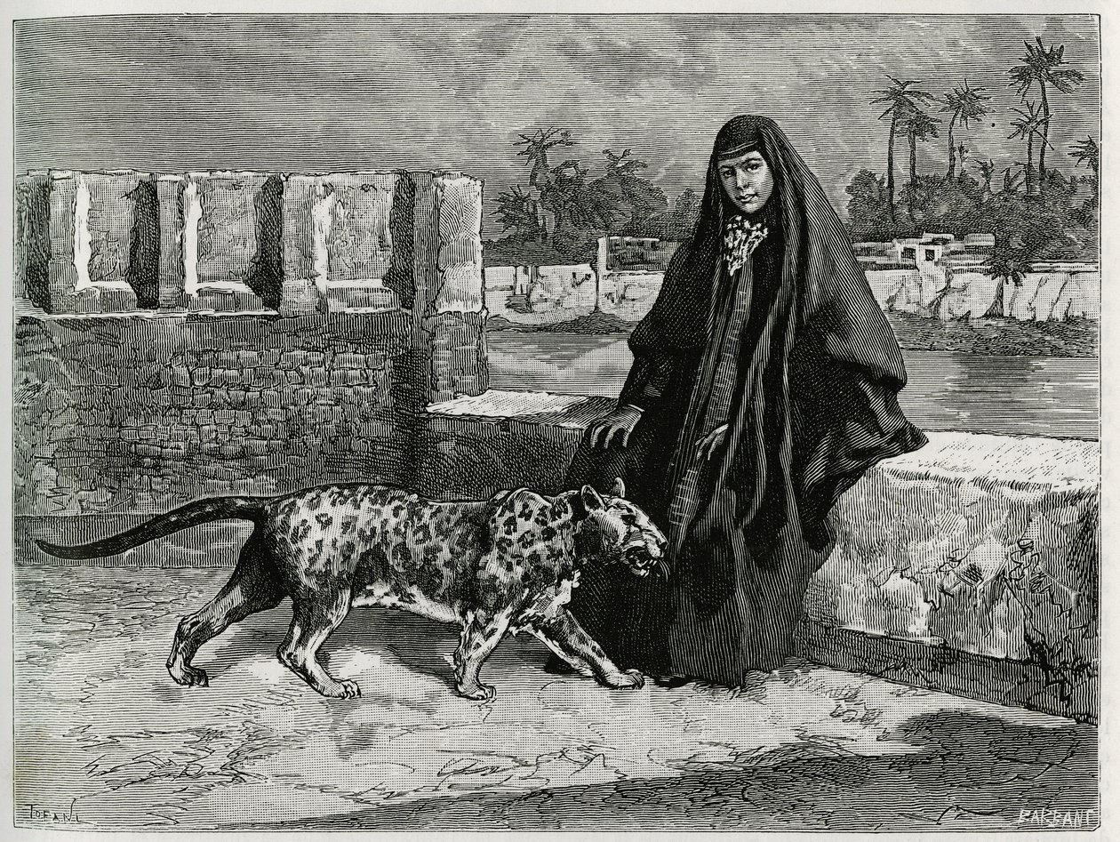 Torkan Khanoum, favorita del jeque Moses, poderoso líder tribal de Arabistán con su pantera. Grabado de Tofani, para ilustrar la historia “Persia, Chaldee y Susiane”. de Oswaldo Tofani